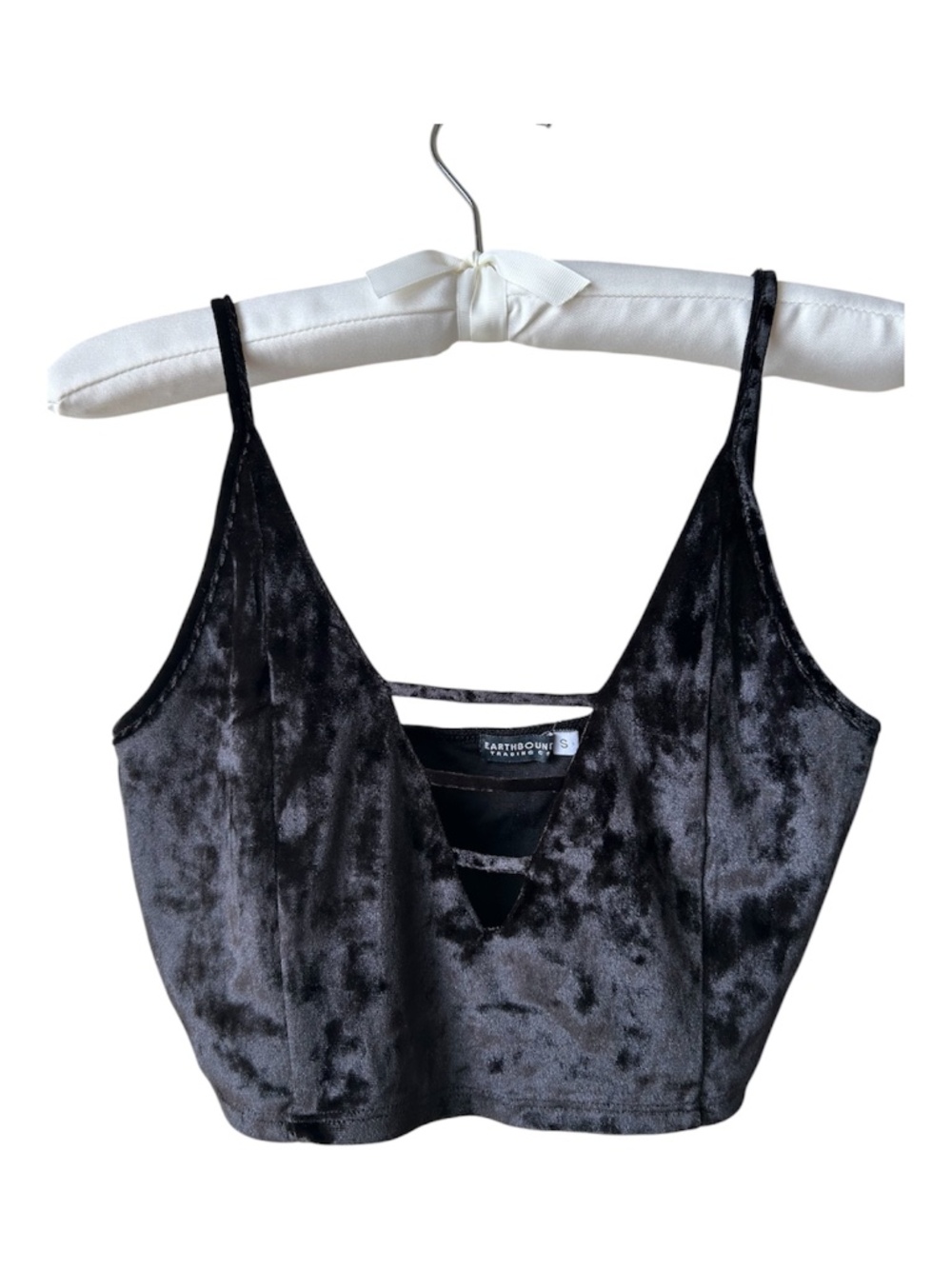 Black Velveteen Crop Tank Top Vneck Plunge Strappy Accents Earthbound Trading Sm